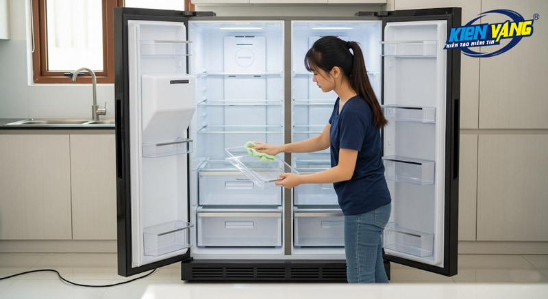 Vệ sinh tủ lạnh sạch sẽ trước khi đóng gói tủ