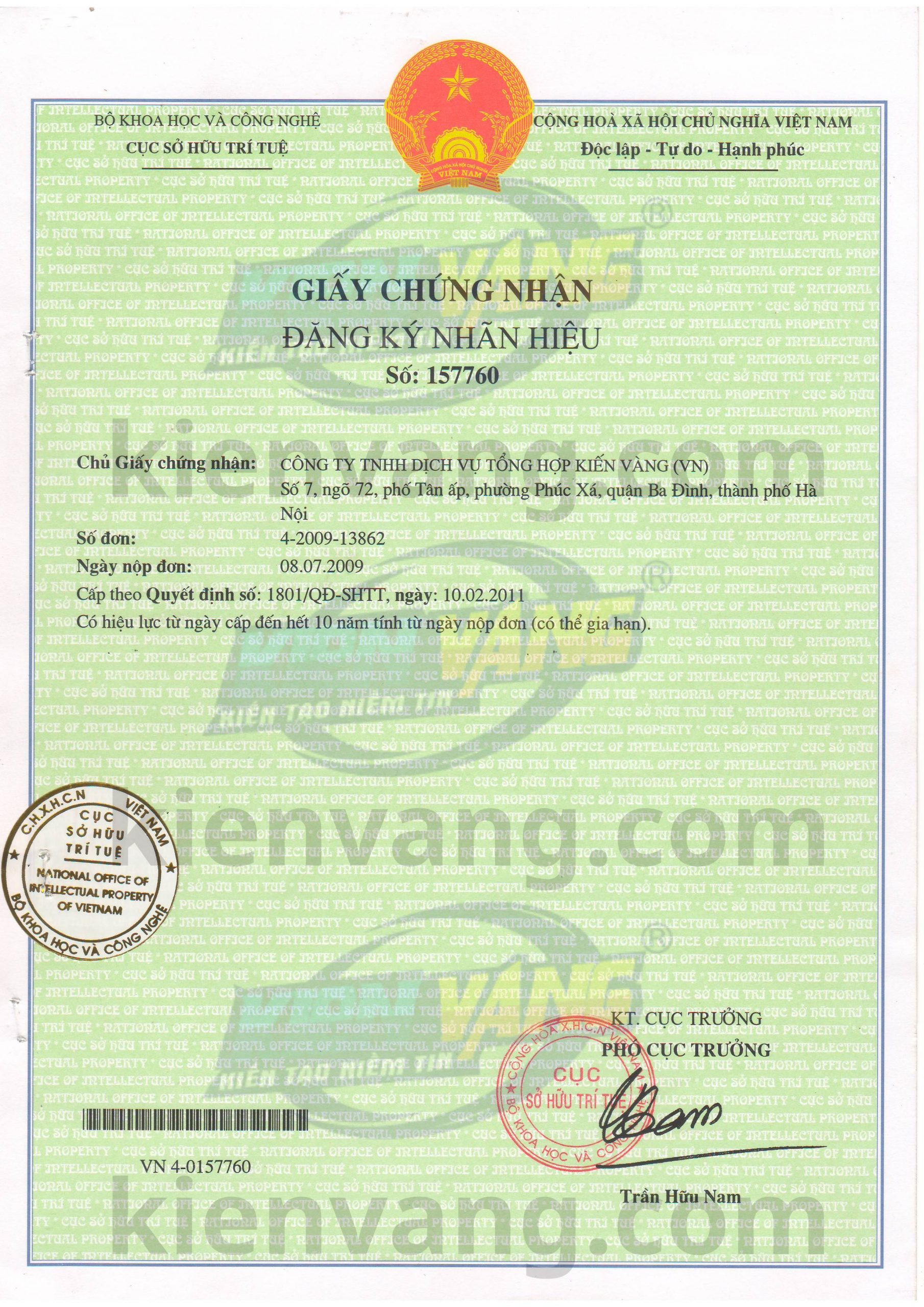 Chứng nhận sở hữu trí tuệ - Kiến Vàng Group