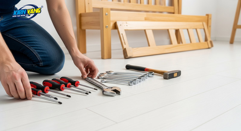 Chuẩn bị đầy đủ dụng cụ để tháo giường gỗ