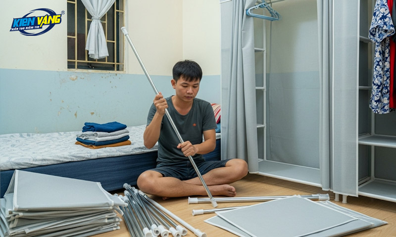 Kiểm tra phụ kiện và phân loại trước khi lắp tủ quần áo vải