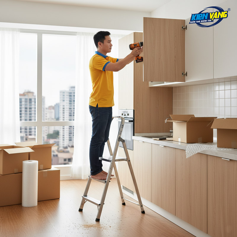 Nhân viên Kiến Vàng đang tháo dỡ tủ bếp gắn tường tại một căn hộ chung cư