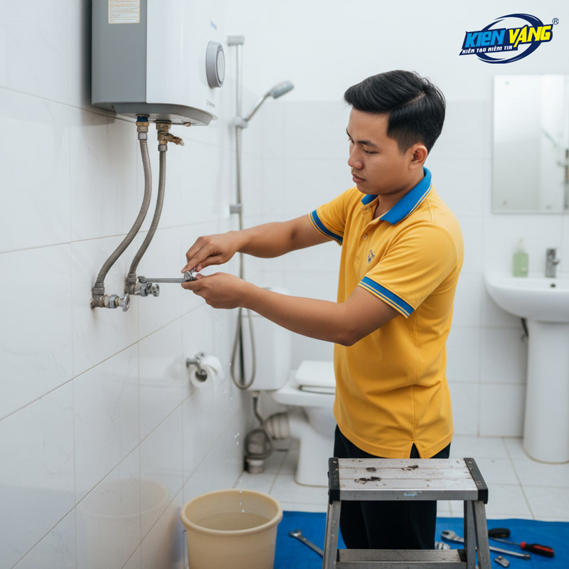 Nhân viên của Kiến Vàng đang tháo lắp bình nóng lạnh tại nhà khách hàng