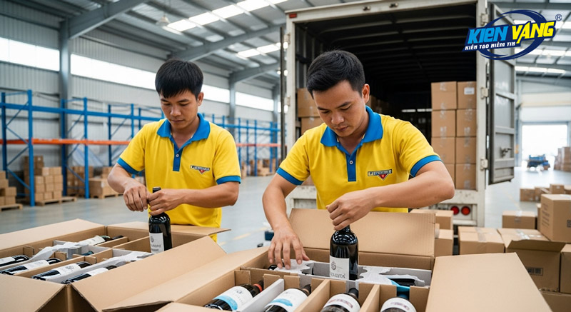 Nhân viên Kiến Vàng hỗ trợ đóng gói rượu vang trước khi vận chuyển cho khách hàng