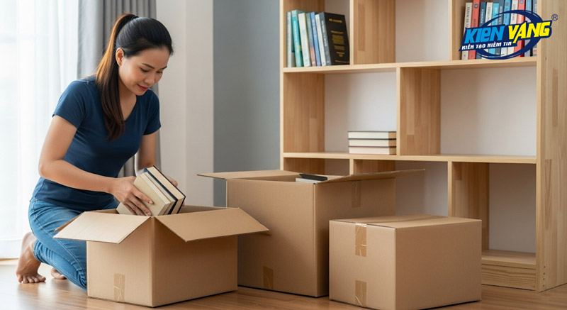 Sắp xếp sách vào thùng carton