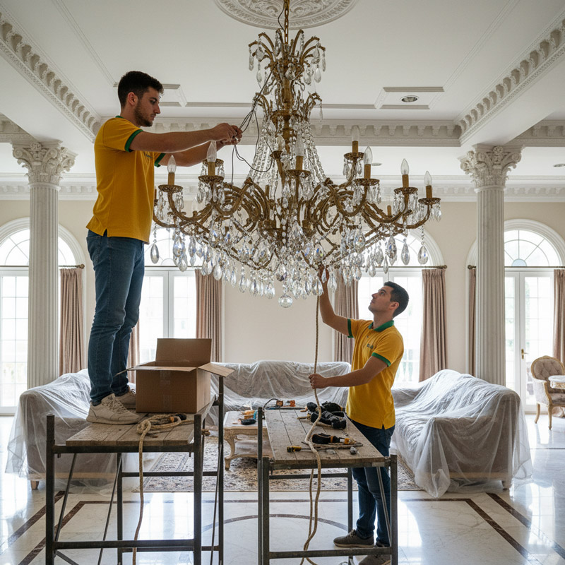 Tháo lắp đèn chùm pha lê thủy tinh cỡ lớn cần rất nhiều sự cẩn thận