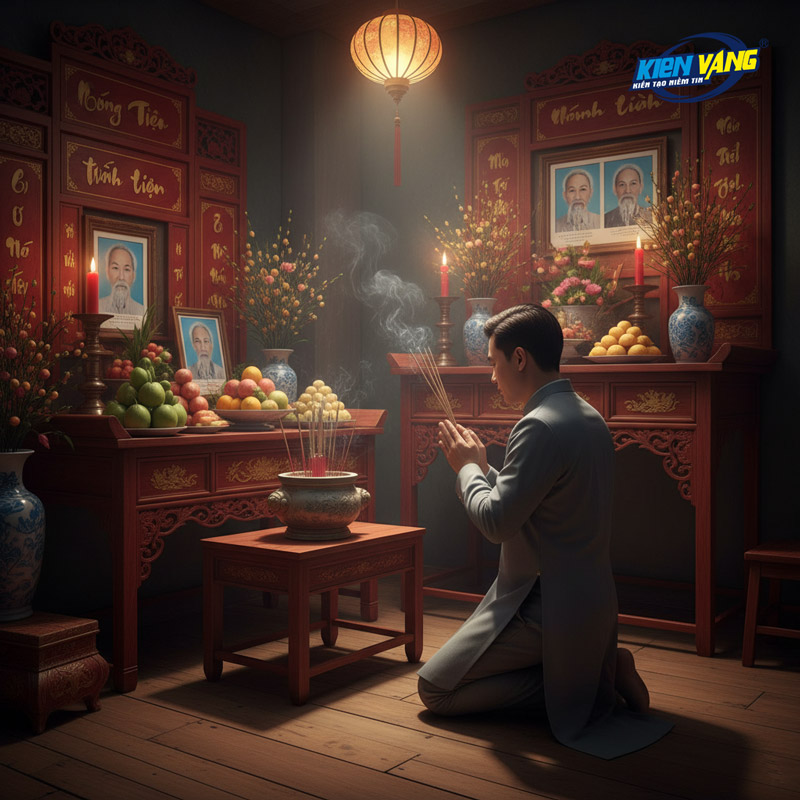 Thắp hương xin phép tổ tiên và thổ công thổ địa trước khi tháo dỡ, vận chuyển tủ thờ, bàn thờ