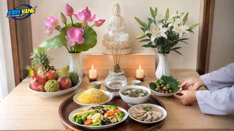 Mâm cỗ chay thanh tịnh cầu bình an ngày vía Quan Âm