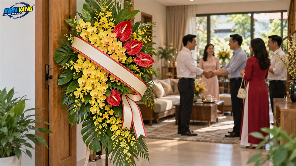 Mẫu câu chúc tân gia trên lẵng hoa mừng tân gia